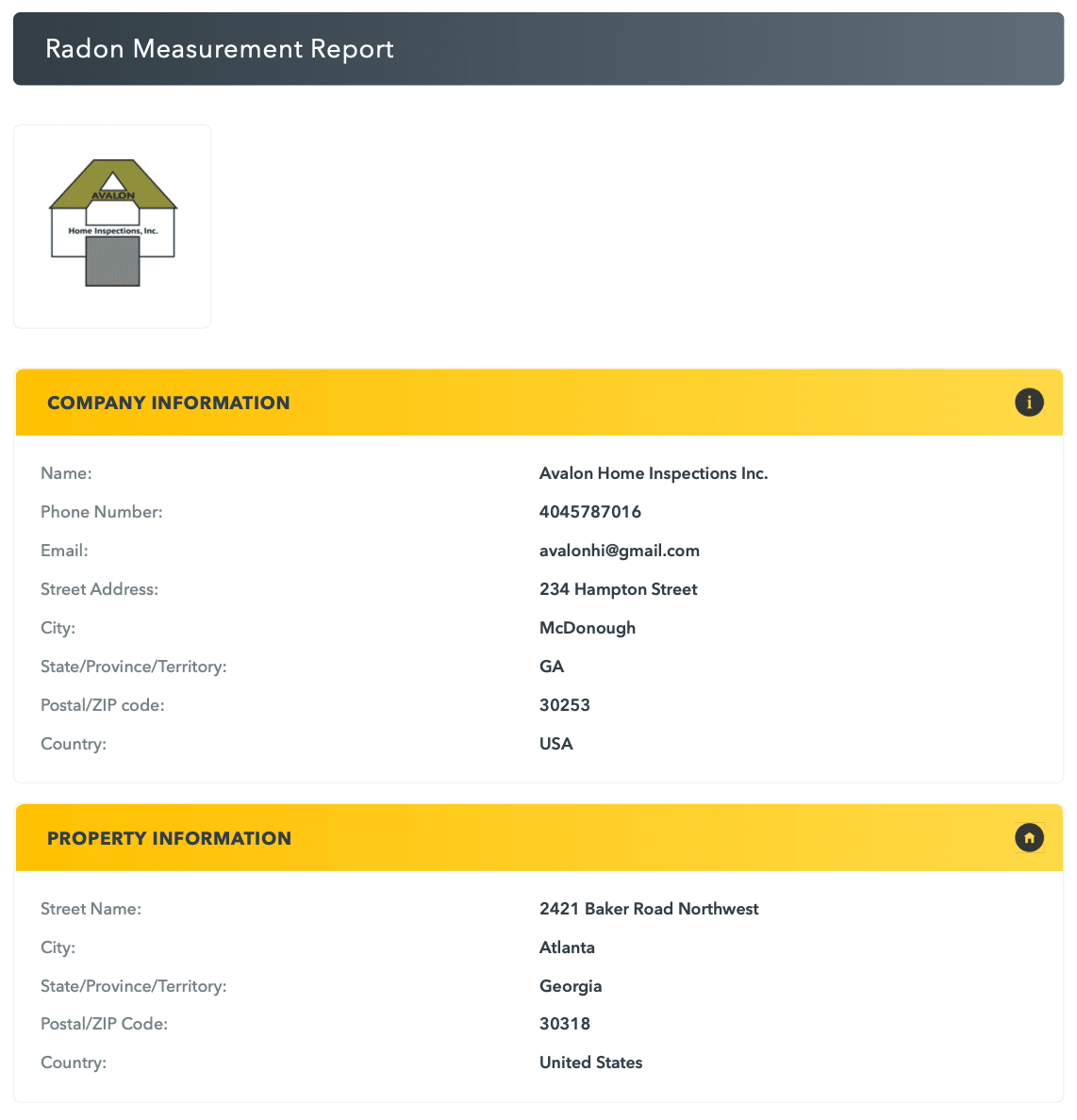 Radon Testing Sample Report