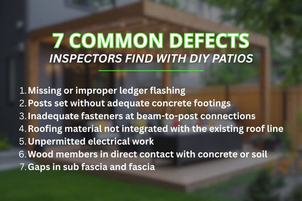 An infographic listing 7 common defects inspectors find with DIY patios, including missing ledger flashing, inadequate footings, improper fasteners, and unpermitted electrical work, set against a blurred photo of a modern wood pergola.
