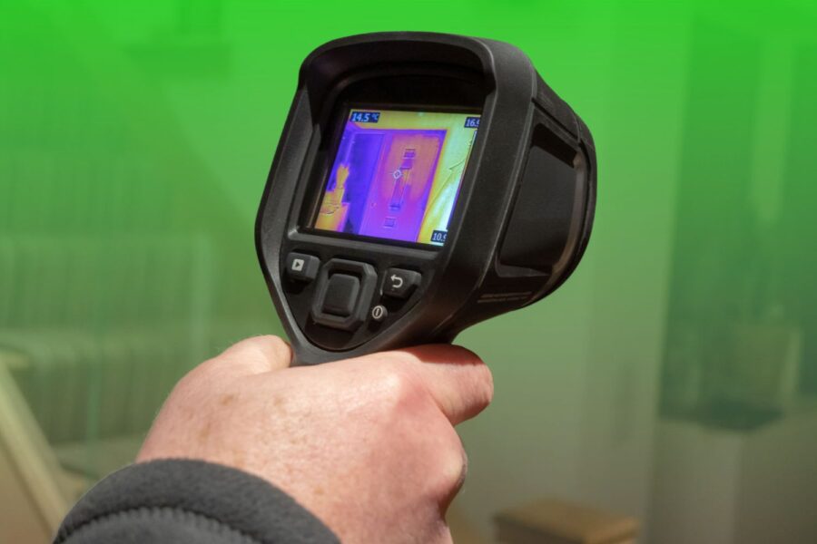 A hand holding a handheld thermal imaging camera displaying an infrared heat map scan of an interior doorway.