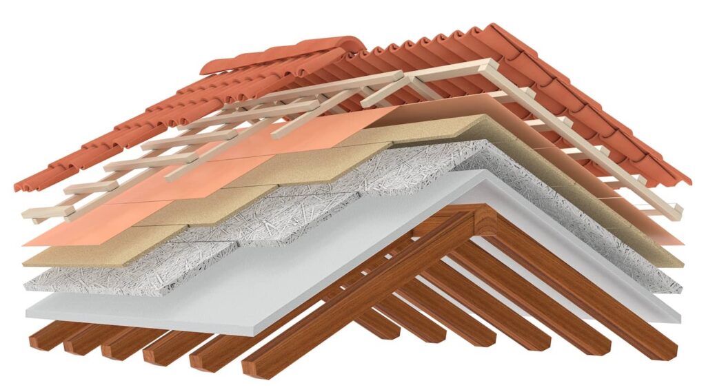 View of roof layering and insulation, including sheathing