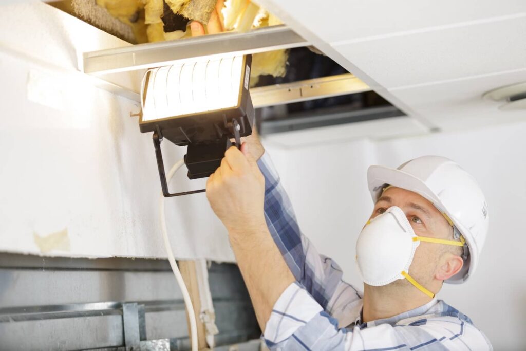 A professional wearing protective gear and inspecting an attic for bats.