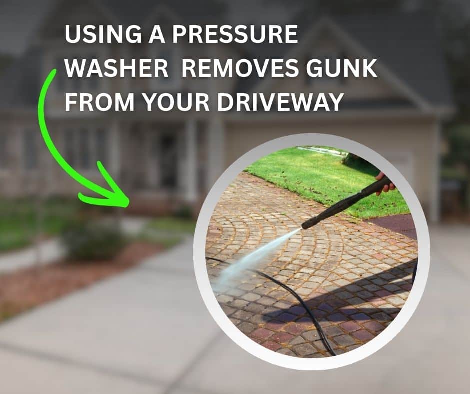 A promotional graphic with a blurred suburban house and driveway in the background. Large white text at the top reads, "USING A PRESSURE WASHER REMOVES GUNK FROM YOUR DRIVEWAY." A bright green arrow points to a circular inset image showing a close-up of a pressure washer wand cleaning grime off a brick-paver driveway.