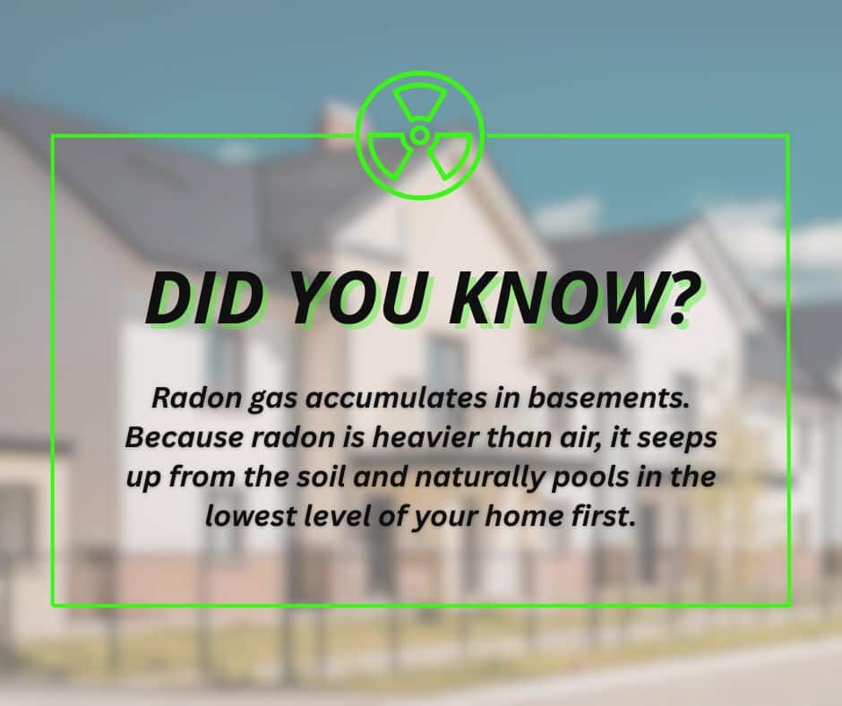 A green radiation icon over a blurred house backdrop with text reading: "DID YOU KNOW? Radon gas accumulates in basements. Because radon is heavier than air, it seeps up from the soil and naturally pools in the lowest level of your home first."