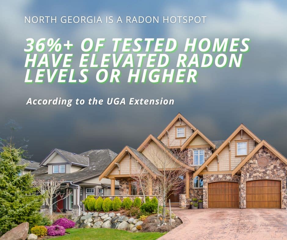 Suburban houses under a dark, cloudy sky with text reading: "North Georgia is a radon hotspot. 36%+ of tested homes have elevated radon levels or higher. According to the UGA Extension."