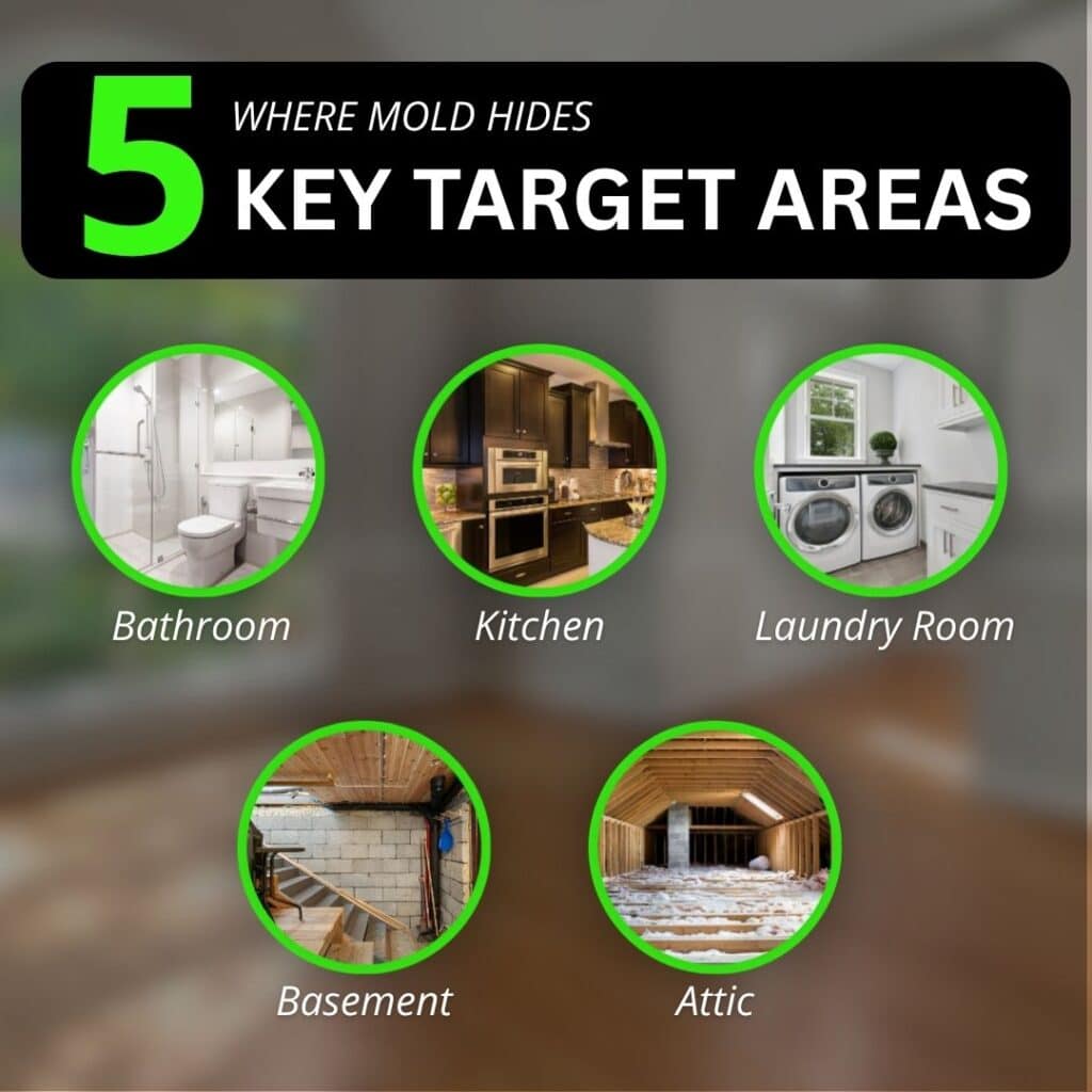 An infographic titled "5 Key Target Areas Where Mold Hides" featuring labeled circular photos of five rooms: Bathroom, Kitchen, Laundry Room, Basement, and Attic.