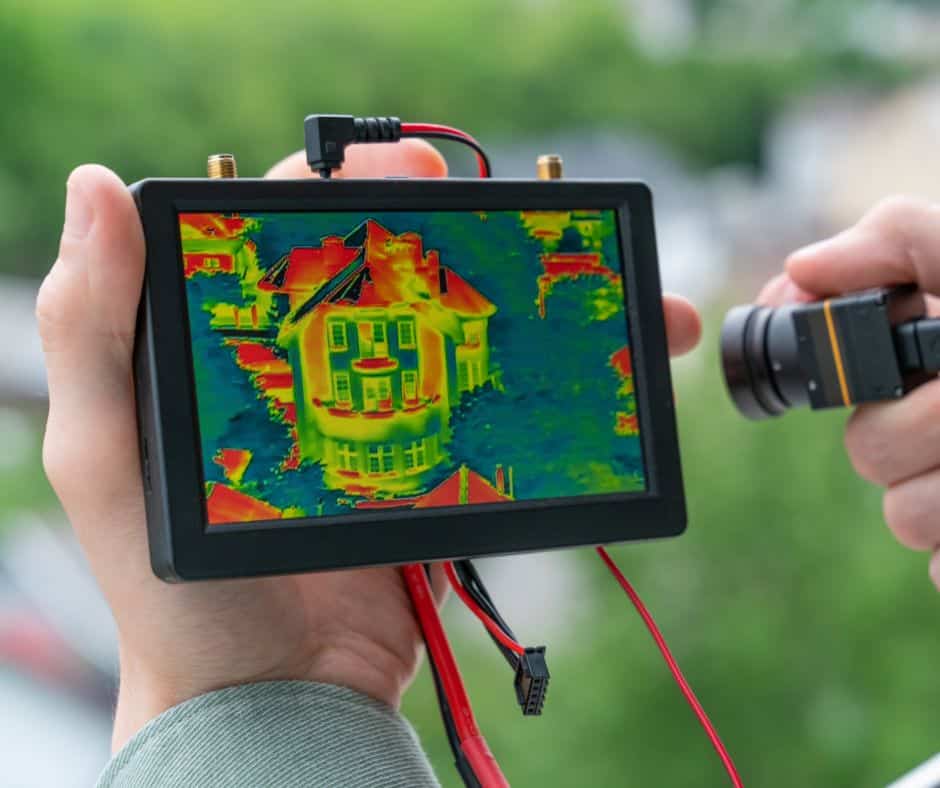 Hands holding a portable monitor displaying a thermal heat map scan of a house exterior.