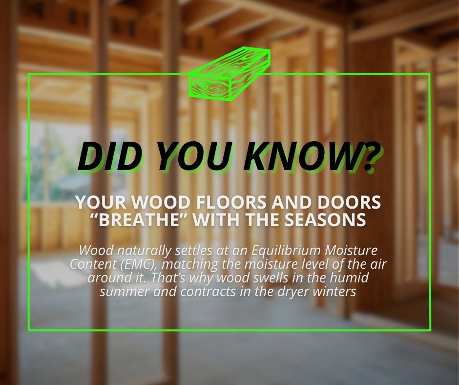 Graphic titled "Did you know? Your wood floors and doors 'breathe' with the seasons," explaining Equilibrium Moisture Content (EMC) and seasonal wood expansion over a blurred wooden room background.